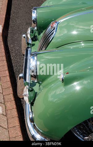 Vista frontale della classica jaguar XK 40 o XK120 verde d'epoca 1955 con capote con targa francese .eyemouth scotland Foto Stock