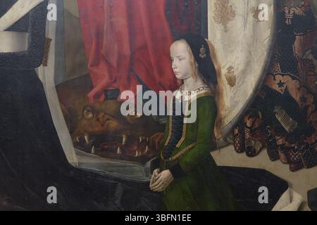 Particolare della pala Portinari di Hugo van der Goes, ca. 1476-1478, raffigurante Margarita Portinari con le mani piegate accanto ad un mostruoso volto animale Foto Stock