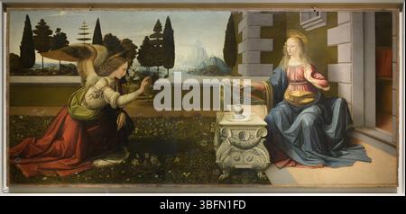 L'Annunciazione di Leonardo da Vinci, 1472-1476. Olio e tempera sul pannello in pioppo. Pittura del primo Rinascimento nella Galleria degli Uffizi, Firenze, Ital Foto Stock