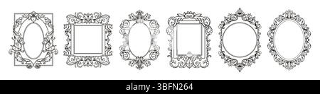 Telaio specchietto. Ornamenti gotici antichi, ornamenti vittoriani o decorazioni floreali ovali. Silhouette nera fantasia. Elegante grafica disegnata a mano. Decorazioni in stile inciso. Design calligrafico vettoriale Illustrazione Vettoriale