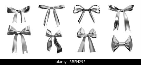 Arco vintage. Nastro decorativo Y2K in satin halftone, forma grunge femminile per collage di coquette o tatuaggi punk estetici. elementi lucidi in argento isolati in 3d per la progettazione di imballaggi. Effetto grafico vettoriale Illustrazione Vettoriale