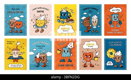 Poster del caffè. Personaggio dei cartoni animati con tazza per la colazione e biscotti. Emoticon retrò. Grafica vintage divertente da negozio o elementi con logo Groovy drink. Tazza per bevande a base di caffeina, mascotte da passeggio. Set di carte vettoriali Illustrazione Vettoriale