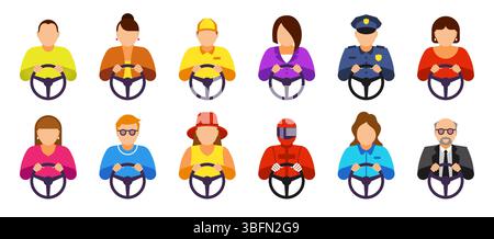 Guida dell'autobus. Persone alle ruote sterzanti di trasporto. Persona in macchina. Guida in pista o autista. Corsa automatica. Uomini e donne che guidano le facce. Traffico automobilistico della polizia. Set di caratteri dell'operatore del veicolo Illustrazione Vettoriale