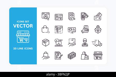 Icone dello shopping. Consegna espressa dell'ordine in negozio. Fai clic e acquista un notebook. Scatola di raccolta. Metti a disposizione l'app mobile con il carrello della spesa. Commercio online. Firma pagamento acquisto. Corriere con pacco. Set di simboli della linea vettoriale Illustrazione Vettoriale