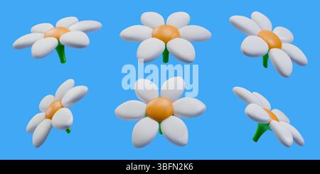 fiori a margherita 3d. Camomilla bianca primaverile, camomilla estiva per un giardino di plastica realistico. Pianta lucida di bellezza. Il rendering isolato degli elementi decorativi lucidi consente di visualizzare i diversi lati. Set di icone minime vettoriali Illustrazione Vettoriale