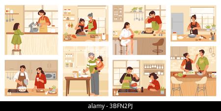 Famiglia in cucina. Tavola da pranzo, ragazzo e donna cucinano a casa. Le persone i bambini mangiano la cena nell'interno della vecchia casa. Coppia romantica e genitori con bambini preparati insieme. Illustrazione di un cartone animato vettoriale Illustrazione Vettoriale