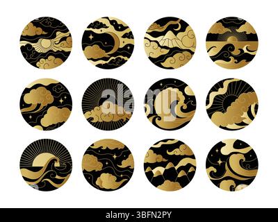 Modello giapponese. Simbolo del sole cinese, design asiatico in oro orientale in stile tatuaggio vintage. Cielo tibetano, acqua e montagne. Icone rotonde, simboli di paesaggio nella cornice, set di elementi adesivi dorati vettoriali Illustrazione Vettoriale