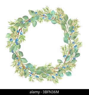Telaio circolare di rami di eucalipto e ginepro. Foglie verdi e bacche blu. Corona decorativa floreale. Elemento isolato. Illu di acquerello disegnato a mano Foto Stock
