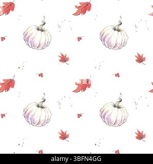 Motivo acquerello senza cuciture con zucca e foglie Foto Stock