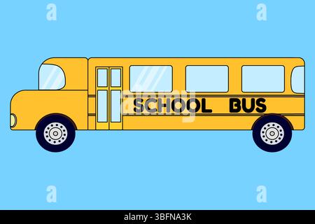 Illustrazione vettoriale scuolabus gialla su sfondo blu. Trasporto in stile cartoni animati con vista laterale per gli studenti. Per tornare a scuola, Educatio Illustrazione Vettoriale