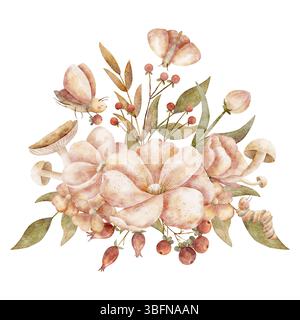 Illustrazione acquerello bouquet autunnale fiori, foglie, funghi, bacche, insetti falena farfalla bruco. Raccolto disegnato a mano su isolato Foto Stock