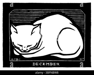 "December Cat" (1917) di Julie de Graag. Pubblico dominio olandese xilografia di gatto stilizzato. Stampa grafica in bianco e nero, ideale per arredamento, editoriale e c Foto Stock