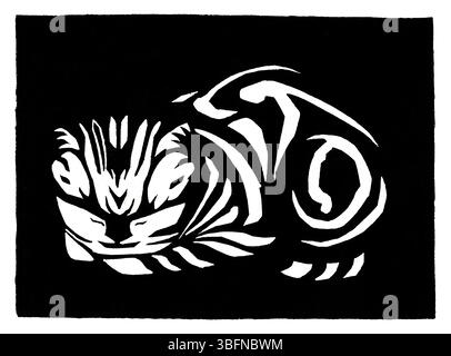 Woodcut Cat (1917) di Julie de Graag, opere d'arte di pubblico dominio olandese. Stampa animale in bianco e nero ad alta risoluzione, perfetta per decorazioni, editoriali e stampe. Foto Stock