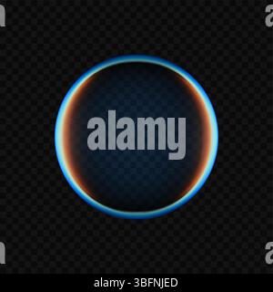 Cornice sferica in vetro circolare con bordo blu neon su sfondo scuro per elemento di design Illustrazione Vettoriale