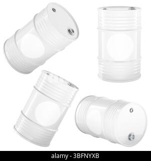 Barili in acciaio bianco vuoti in vari angoli, mockup o template. Rendering 3D isolato su sfondo bianco Foto Stock