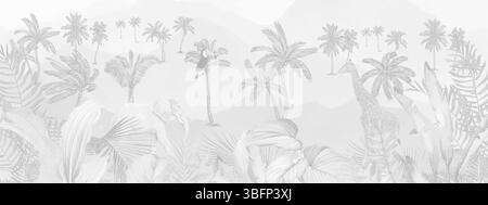 Sfondo tropicale Jungle Pattern - foglie di palma in scala di grigi e murale botanico Foto Stock