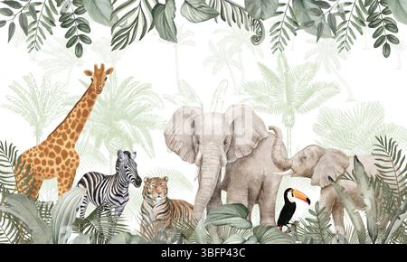 Sfondo Hot Tone Safari Friends: Giraffa, elefante, zebra e tucano nella giungla Foto Stock