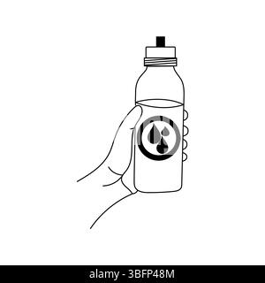 Icona della bottiglia d'acqua. Simbolo di tenuta della mano. Emblema di idratazione vettoriale. Dettaglio del logo Droplet. Illustrazione Vettoriale