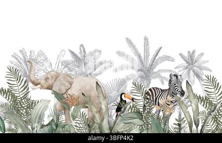 Sfondo per animali da safari: Elephant Family & Zebra nella scena della giungla grigia Foto Stock