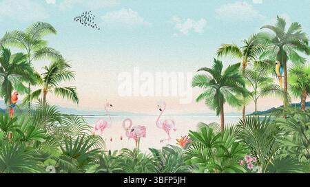 Sfondo vivace di Tropical Beach: Fenicotteri, pappagalli, uccelli su palme lussureggianti Foto Stock