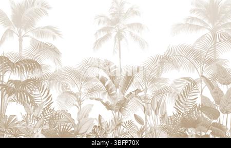 Sfondo paesaggio tropicale seppia mutata: Palme morbide e motivo fogliame della giungla Foto Stock