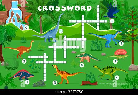 Griglia del gioco a quiz a parole incrociate, dinosauri preistorici a cartoni animati. Foglio di lavoro vettoriale del puzzle a parole incrociate con i personaggi di lotosaurus, pelecanimimus, scutellosaurus e maiasaura, argentavis, dinosauri tapejara Illustrazione Vettoriale