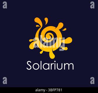 Solarium, icona del sole estivo sulla spiaggia per un salone di abbronzatura o un resort termale, emblema vettoriale. L'icona solarium del sole a spirale con i raggi gialli splende per i prodotti cosmetici per la cura della pelle o per la crema abbronzante Illustrazione Vettoriale