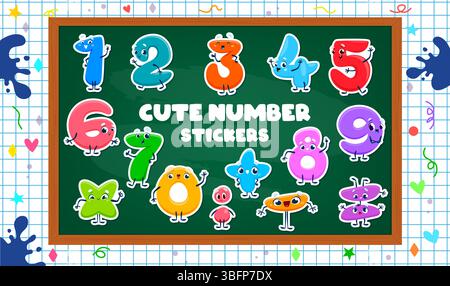 Numeri matematici personaggi dei cartoni animati adesivi con volti divertenti per la matematica, set vettoriale. I personaggi di matematica dei cartoni animati per bambini sulla lavagna per il conteggio scolastico e l'aritmetica e i numeri studiano l'educazione Illustrazione Vettoriale