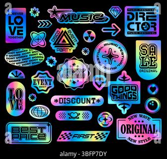 Adesivi scanalati y2k iridescenti ologrammi, originali etichette adesive olografiche con forme estetiche retrò. Adesivi geometrici vettoriali di ologrammi in metallo argentato con stelle, cuori, globi, frecce Illustrazione Vettoriale