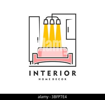 Icona degli interni della casa, emblema contemporaneo con un divano sotto le moderne luci a sospensione e gli elementi di arredo. Etichetta vettoriale del soggiorno moderno con elegante divano rosa e fasci di lampade gialle in stile lineare Illustrazione Vettoriale