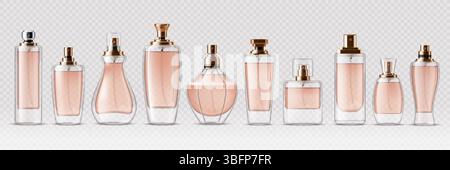 Mockup per bottiglie in vetro profumato e contenitori spray cosmetici, set 3D vettoriale realistico. Mockup con flacone di nebulizzatore con tappo dorato, spray in vetro trasparente per profumeria di lusso o pacchetto colonia Illustrazione Vettoriale