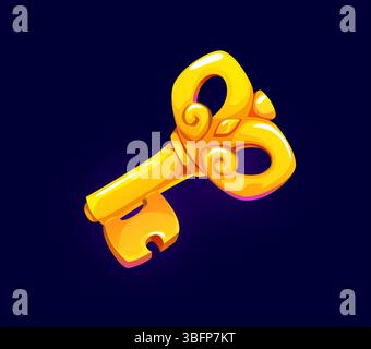 Icona a forma di chiave d'oro cartoni animati, risorsa di gioco. Elemento vettoriale isolato nel mondo fantasy dell'app di gioco mobile. Scrigno del tesoro, porta medievale del castello o cancello chiave dorata icona o simbolo dell'interfaccia di gioco per computer Illustrazione Vettoriale