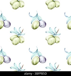 Motivo senza cuciture di olive e olio d'oliva in stile acquerello per splendidi sfondi e sfondi ispirati alla cucina italiana e alla natura Illustrazione Vettoriale