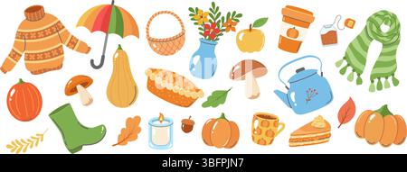 Accogliente collezione a tema autunnale con zucche, sciarpe, funghi, tè e prodotti stagionali, perfetto per i design autunnali. Illustrazione Vettoriale