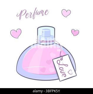 Profumo di cartoni animati con cuori rosa. Graziosa e dolce illustrazione vettoriale di una bottiglia di vetro profumata con cuori e parole d'amore. Illustrazione Vettoriale