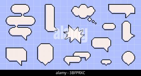 Collezione di bolle vocali pixel art su griglia blu - palloncini chat a 8 bit in varie forme di design. Finestre di dialogo di gioco retrò con contorni neri per conversazioni di fumetti e interfacce di messaggistica. Illustrazione Vettoriale