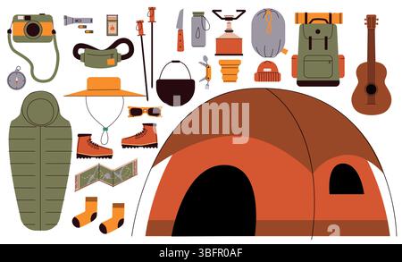 Illustrazione in stile piatto di accessori essenziali da campeggio, tra cui tenda, zaino, sacco a pelo, stivali, bussola, macchina fotografica, piano cottura e utensili. Perfetto per Illustrazione Vettoriale