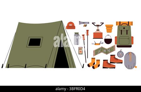 Illustrazione in stile piatto degli elementi essenziali da campeggio con una grande tenda verde a sinistra e vari attrezzi a destra. Ideale per avventure all'aperto e. Illustrazione Vettoriale