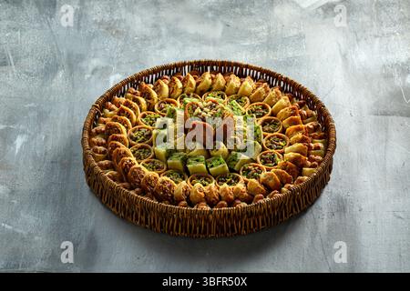 Piatto di dolci mediorientali assortiti con pistacchi, con panini di baklava e kunafa Foto Stock