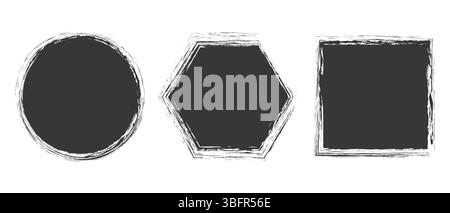 Set di sagome geometriche ruvide, tratti di pennello vettoriale grunge di forma circolare, elementi vettoriali isolati su bianco Illustrazione Vettoriale