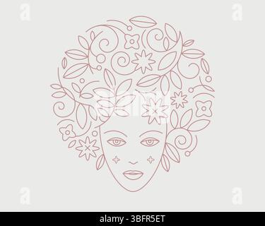 Logo di bellezza donna Vector line. Viso femminile con fiori nell'icona circolare dei capelli, cura della pelle, negozio di cosmetici biologici, illustrazione spa. Illustrazione Vettoriale