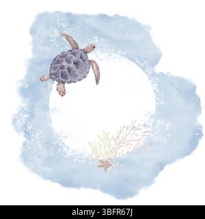 Una tartaruga oceanica con gambe lunghe, ramoscelli corallini e stelle marine. Illustrazione acquerello. Una cartolina in stile nautico con onde blu e bolle d'aria, isola Foto Stock