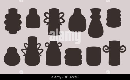 Set vaso contorno. Vasi in ceramica di forme diverse. Vaso in ceramica nera con forma sagomata, icone isolate disegnate a mano. Silhouette nere Illustrazione Vettoriale