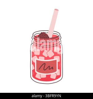 Una bevanda fredda rosa con molti cubetti di ghiaccio in una tazza trasparente con cannuccia rosa. Bevanda fresca con decorazioni a doodle. Frullato con illustrazione vettoriale Illustrazione Vettoriale