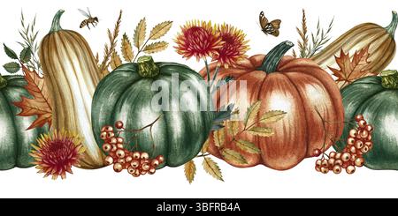 Bordo autunnale senza cuciture con zucche ed elementi floreali. Illustrazioni ad acquerello fatte a mano nei colori giallo e arancione. Per imballaggi, tessili Foto Stock