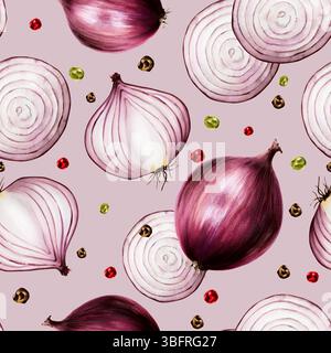 Motivo senza cuciture con cipolle rosse. Peperoncino rosso. Cipolla viola disegnata a mano con acquerello isolata sullo sfondo. illustrazione. Per i progettisti, menu Foto Stock