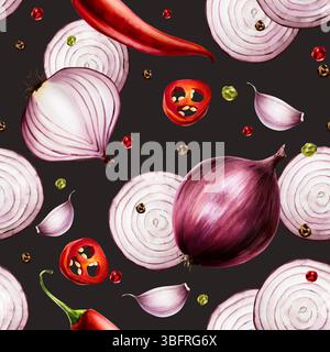 Motivo senza cuciture con bulbi all'aglio e chiodi di garofano e cipolle rosse. Peperoncino rosso. Cipolla viola disegnata a mano con acquerello isolata su sfondo trasparente Foto Stock