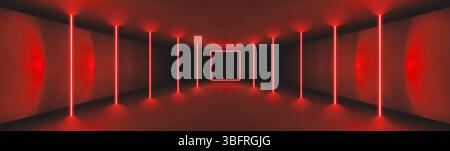 Futuristico tunnel al neon rosso con luci verticali brillanti e portale quadrato in corridoio fantascientifico scuro. Sfondo rosso del casinò. Illustrazione vettoriale. Illustrazione Vettoriale