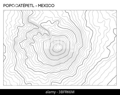 Mappa topografica dei contorni del vulcano Popocatepetl in Messico con cratere centrale e ripide pendenze di elevazione. Sfondo del terreno vettoriale delle linee di contorno. Illustrazione Vettoriale