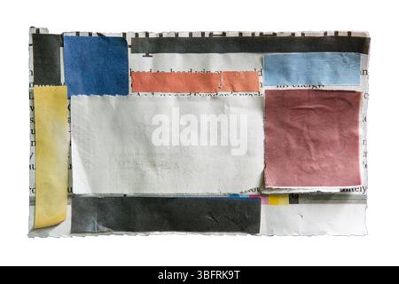Casella di testo grafica in collage rettangolare astratto da un vecchio giornale creato con tecnica di taglio e incollatura isolata su sfondo bianco con percorso di ritaglio Foto Stock